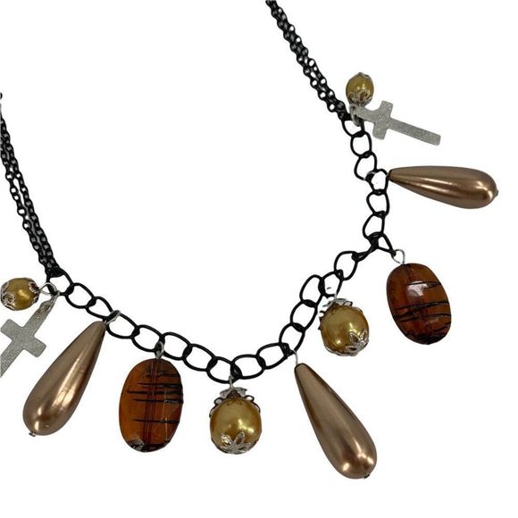 Necklace Statement Charm Stone Adjustable 20-22" Black Gold 0051 Chain Cross - Picture 2 of 5